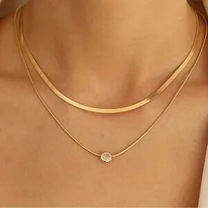14K Gold Plated 2pc Herringbone CZ Necklace Set